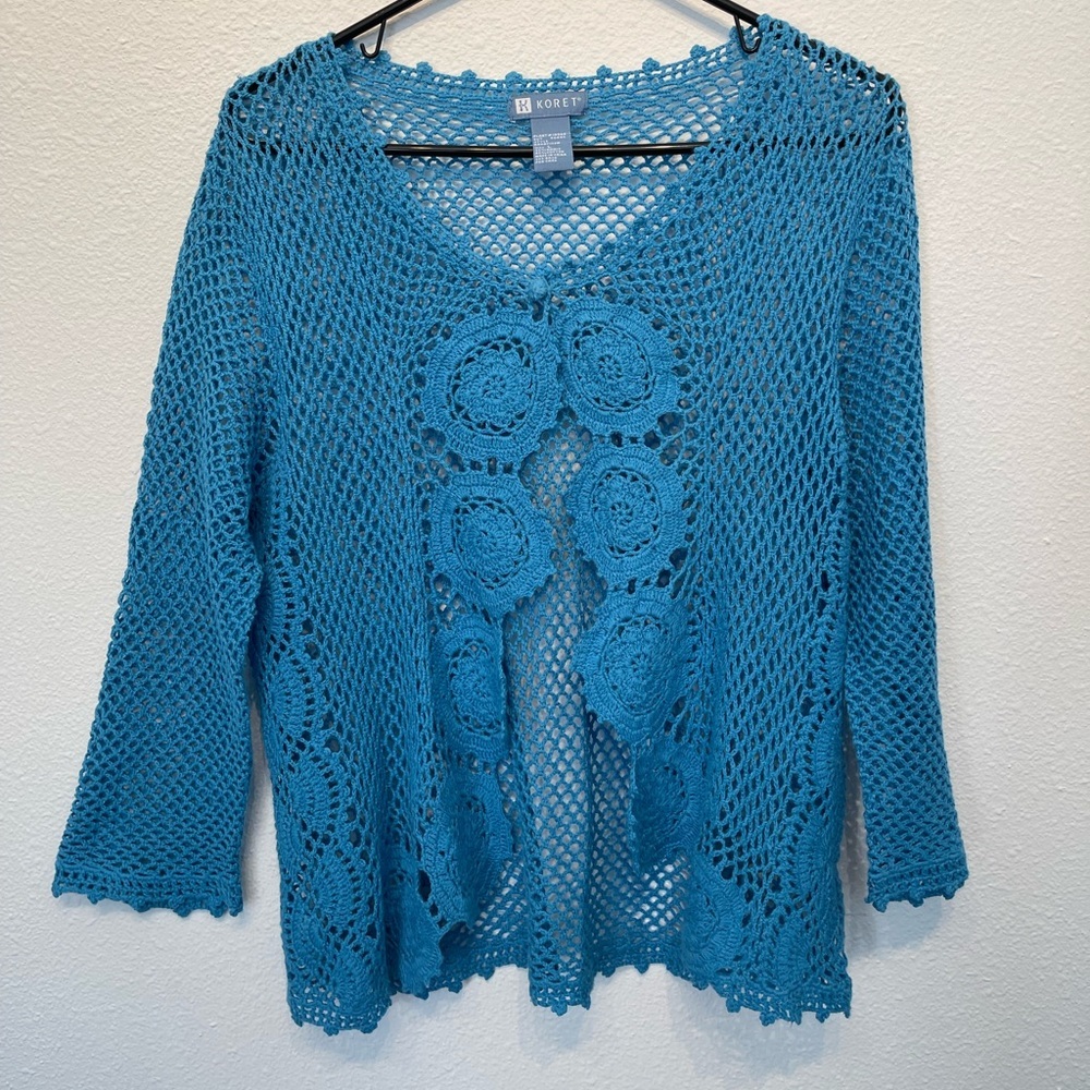 Koret Lot Loose Knit Womens Blue Resort Green Crochet Button Sweater Cardigan L - Picture 9 of 13